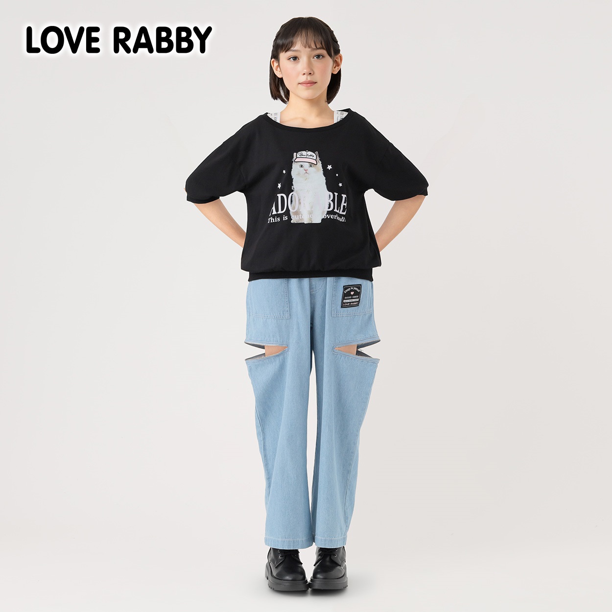 ラブラビ デニム脇ジップワイドパンツ 女の子 キッズ 130cm-160cm