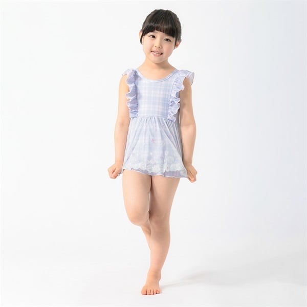 刺しゅうチュールチェックワンピース水着 小学生 水着 女の子 キッズ