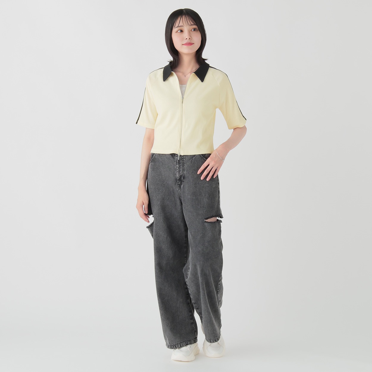 カットソー レディース 長袖 タフタ素材 バルーン 切り替え クロップド丈 RASW バルーン切り替えカットソー（Tシャツ/カットソー）｜RASW（ラス