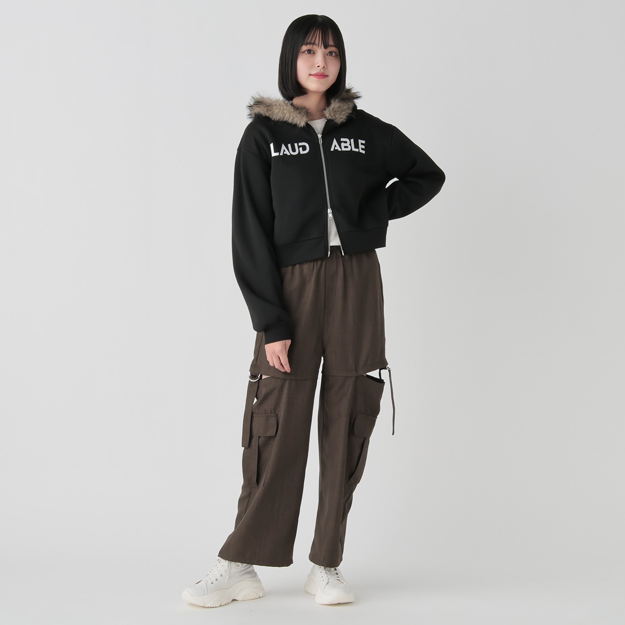 DUFA ブラック 裏起毛フードフェイクファーZIPパーカ レディス Doublefocus(ダブル