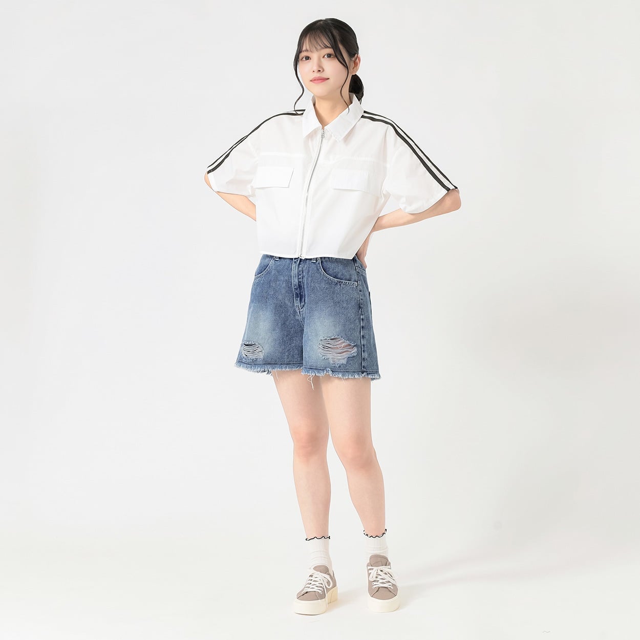 ダメージデニムショートパンツ レディス Doublefocus(ダブルフォーカス