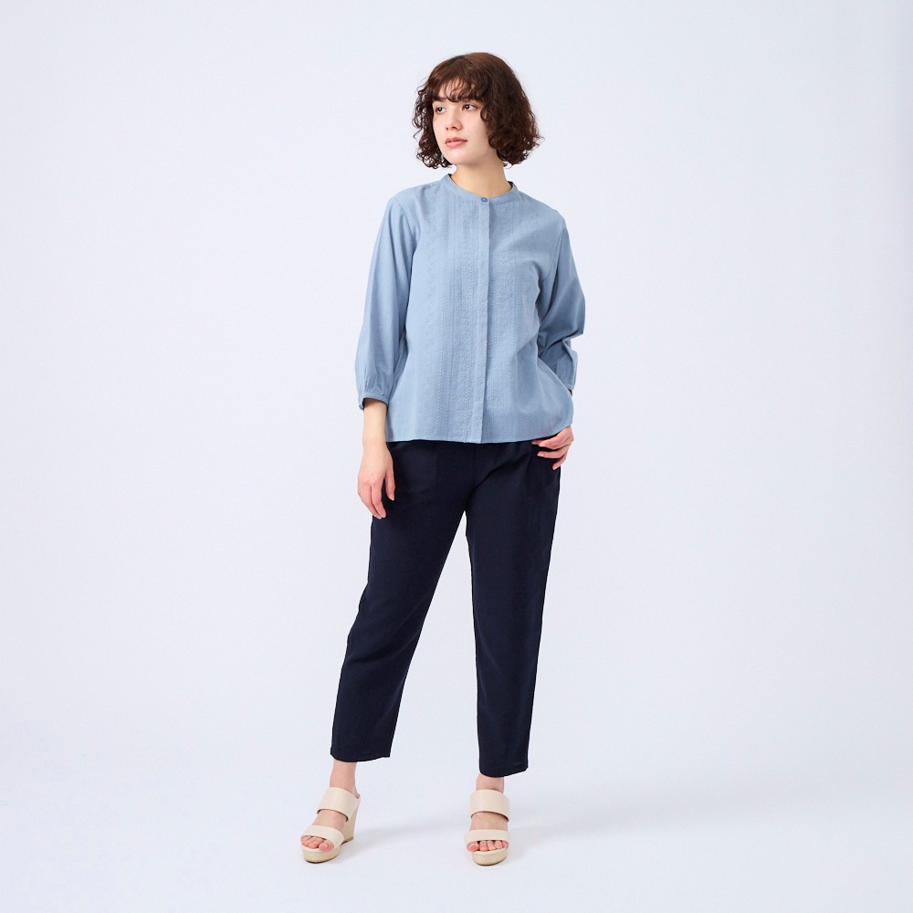 綿麻刺繍バンドカラーブラウス オーガニック綿入 レディス SELF+ 
