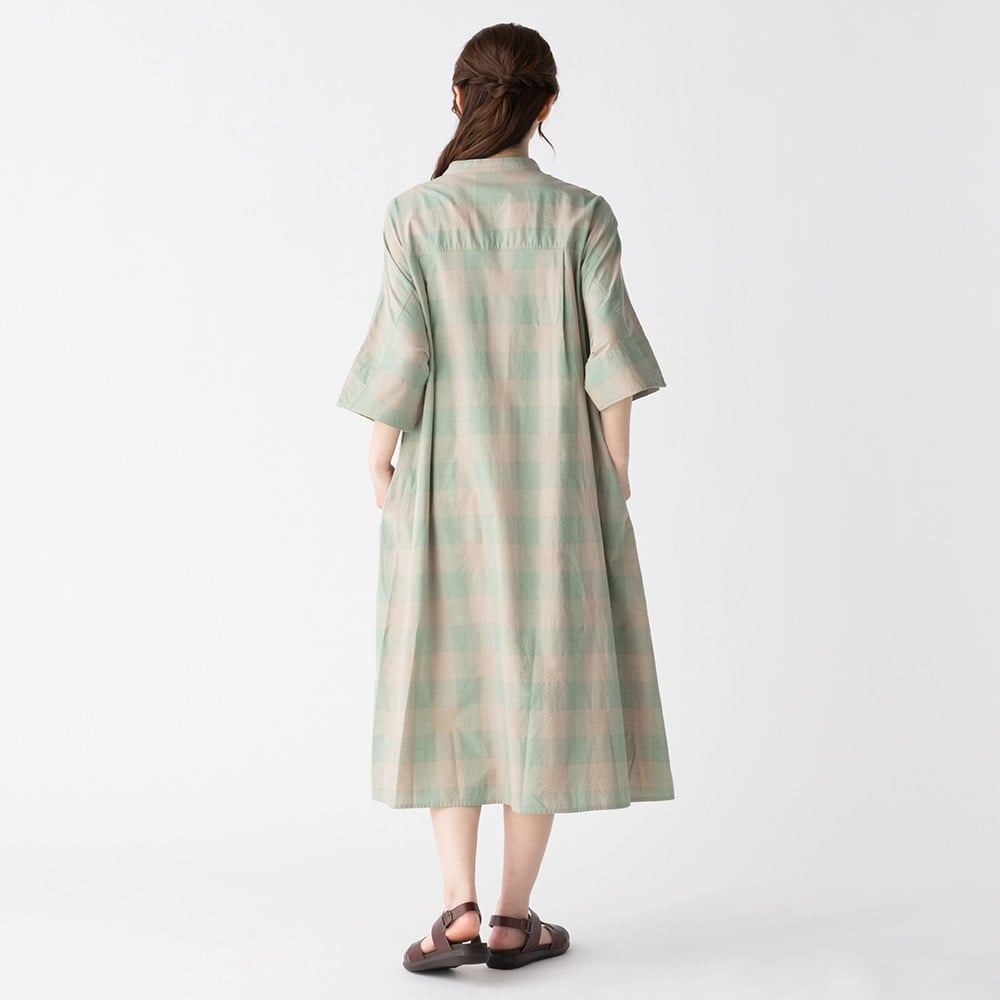 七里 前開きワンピース グリーンチェック L(120-130) ポイント20倍対象商品】エコ染め チェック柄ミニ開きワンピース