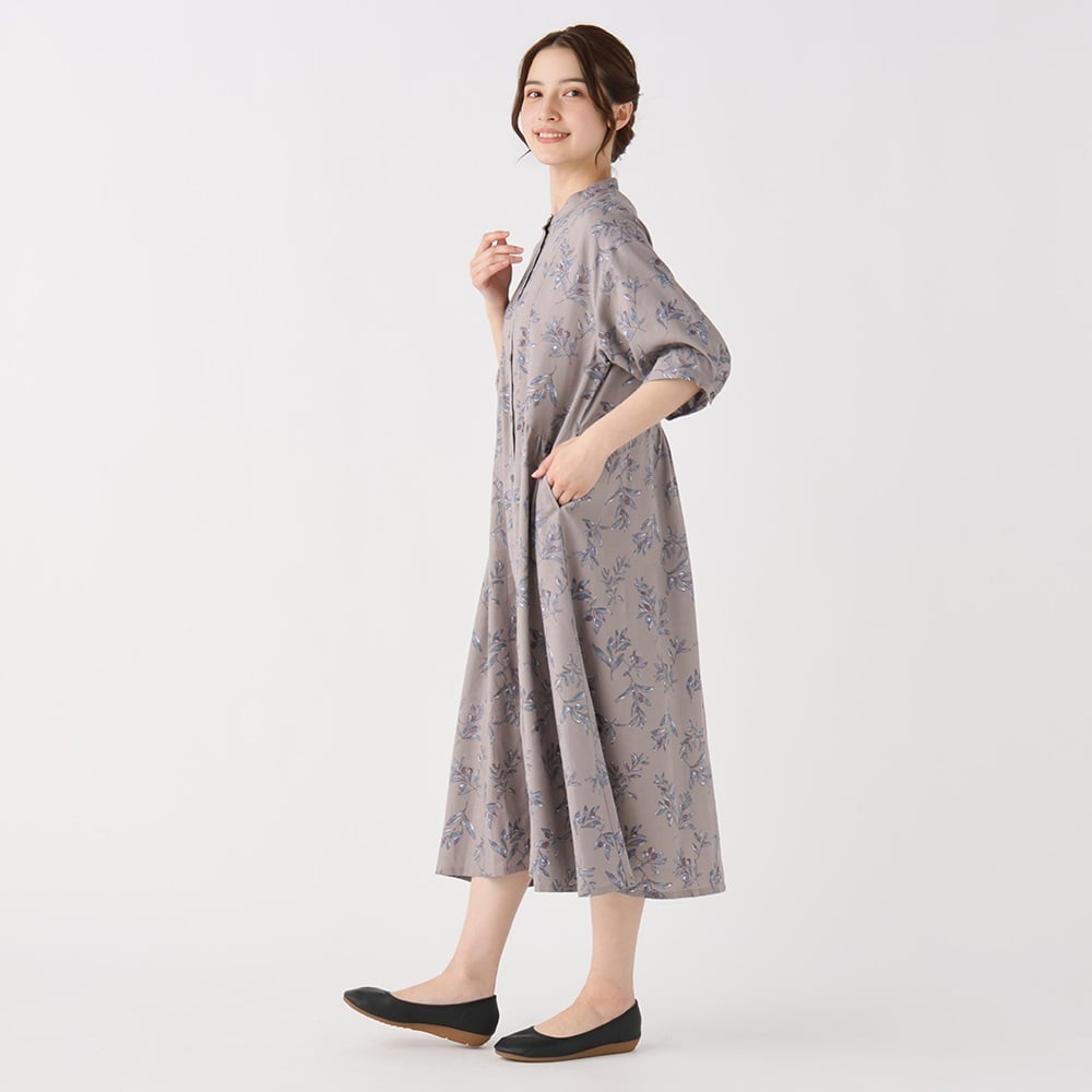 ★M&S Collection リラックスプリントセルフタイ 淑女ワンピ★ EXPAND オリーブプリントワンピース レディス SELF+SERVICE
