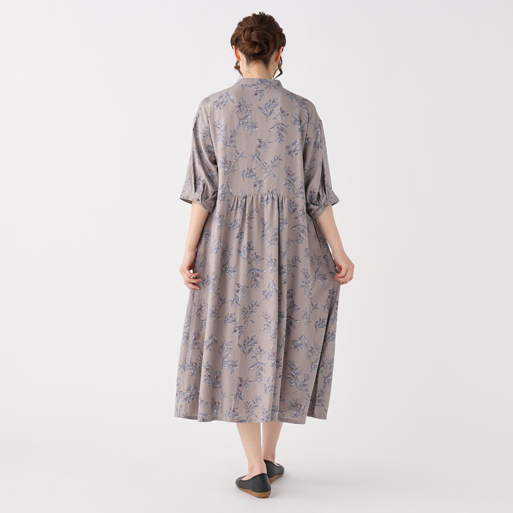 ★M&S Collection リラックスプリントセルフタイ 淑女ワンピ★ EXPAND オリーブプリントワンピース レディス SELF+SERVICE