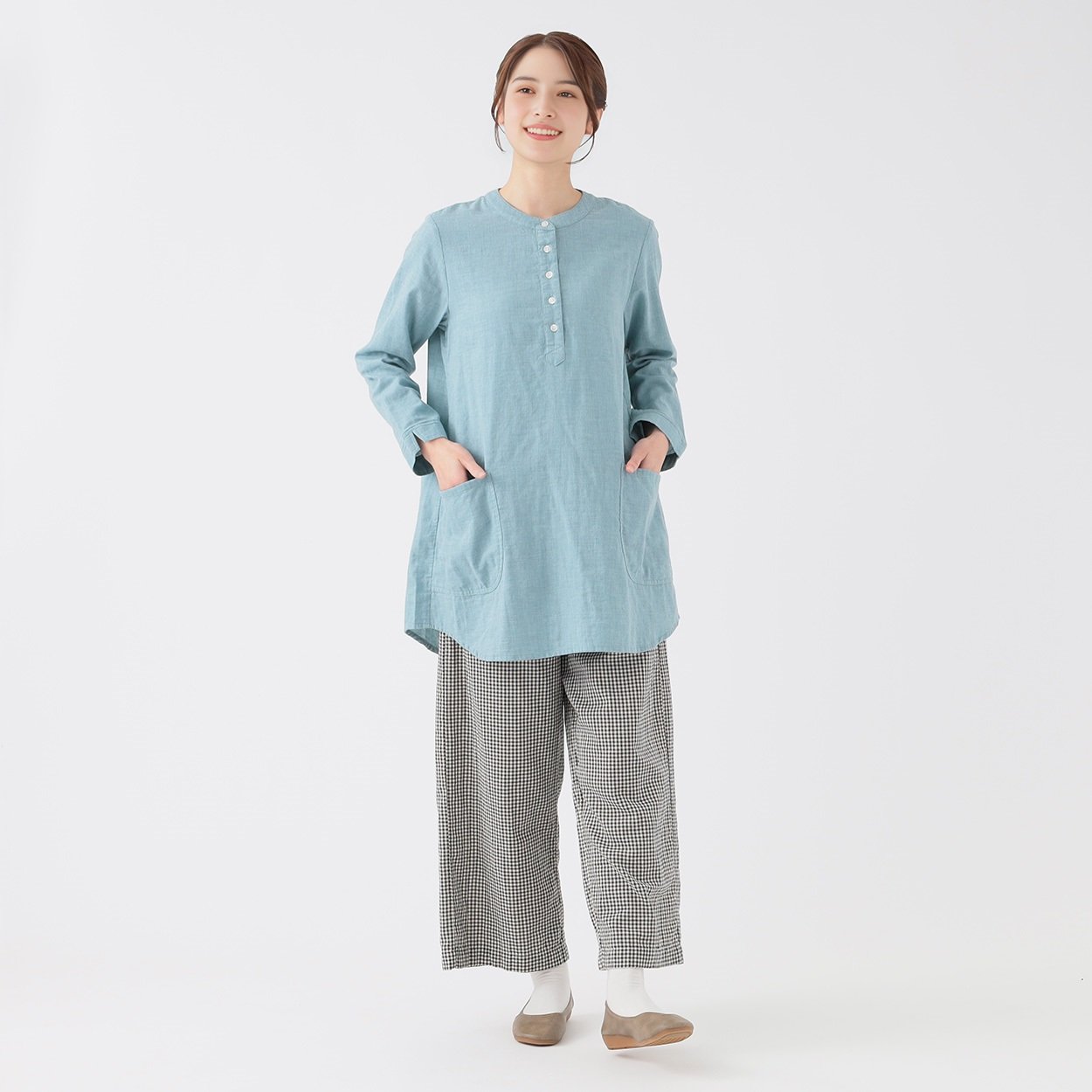 オーガニック綿糸 ダブルガーゼヘンリーポケットチュニック レディス