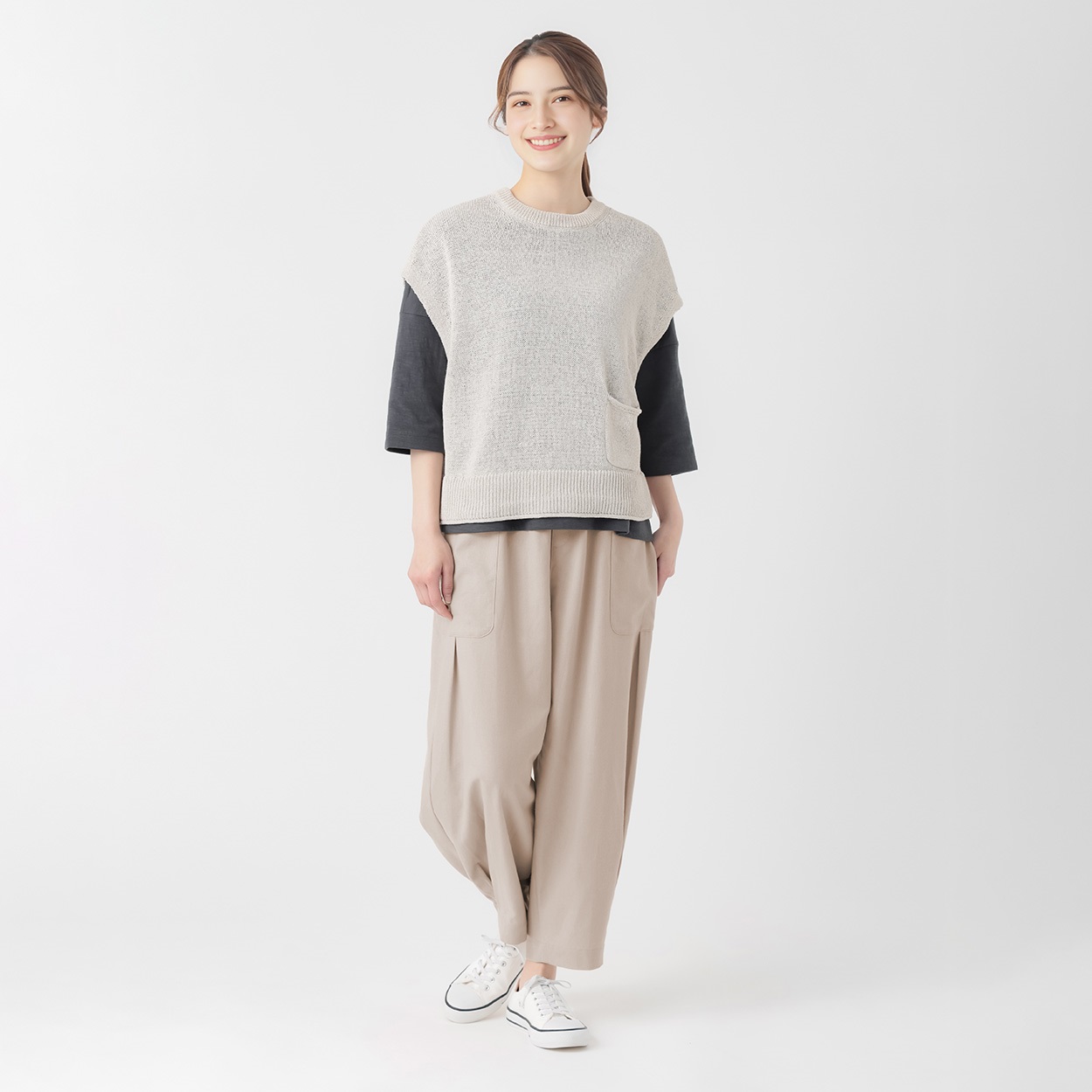サイドポケット裾タックパンツ 再生ポリエステル入 レディス SELF+