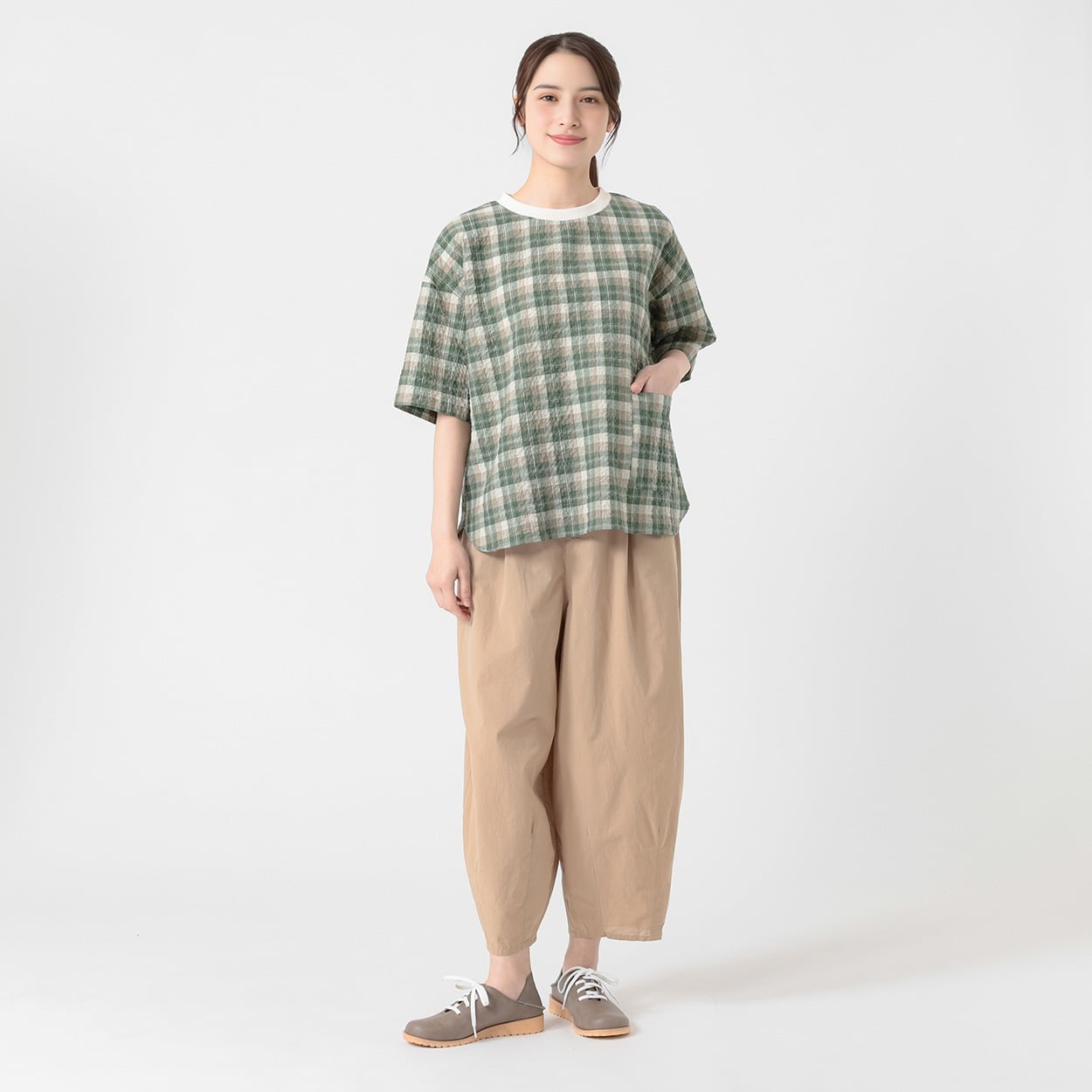 オーガニック綿入 綿サッカーチェックTブラウス レディス SELF+